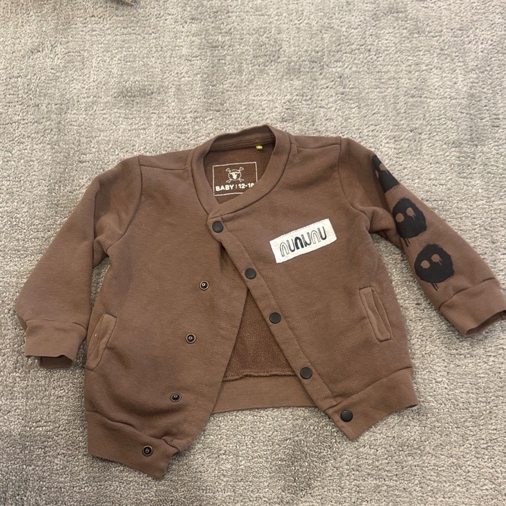 Nununu Brown Baby Jacket with Skull Patches 12-18mon